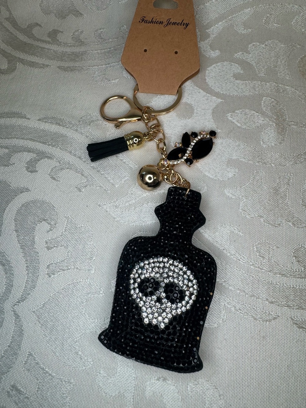 New Fashion Jewelry Black & Gold Rhinestone Skull Bottle Keychain bag charm